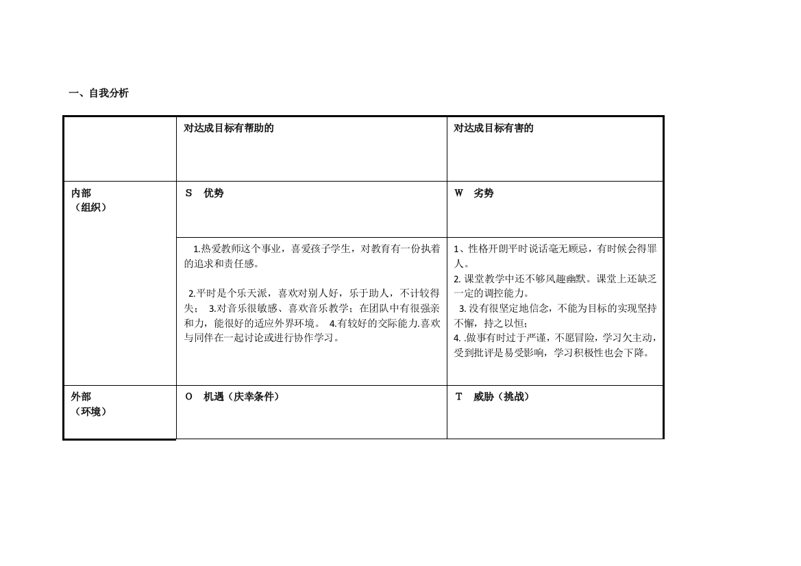 任务表单：甄喜瑞个人自我诊断SWOT分析表