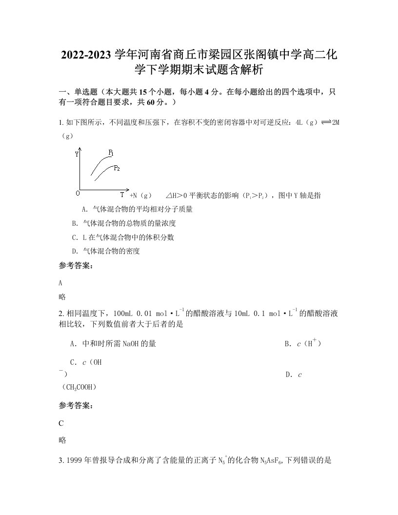 2022-2023学年河南省商丘市梁园区张阁镇中学高二化学下学期期末试题含解析