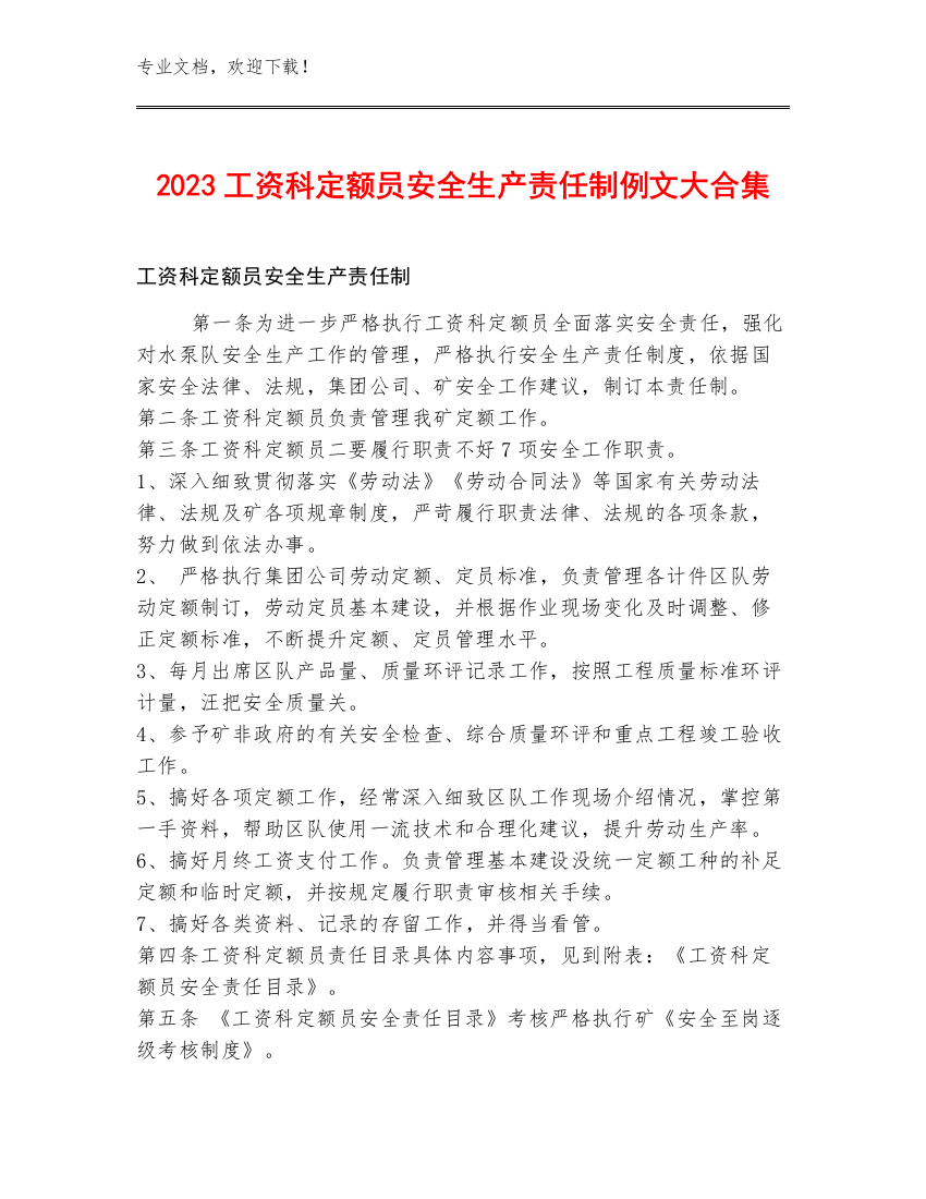 2023工资科定额员安全生产责任制例文大合集