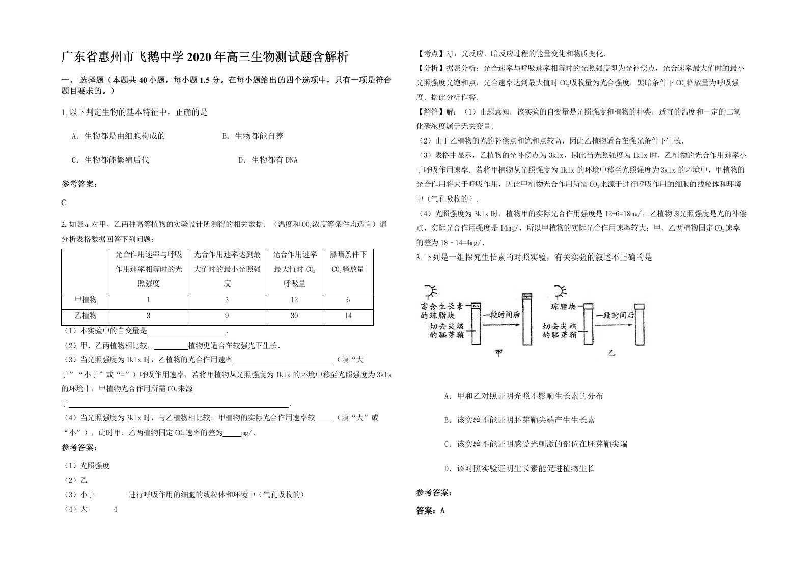 广东省惠州市飞鹅中学2020年高三生物测试题含解析