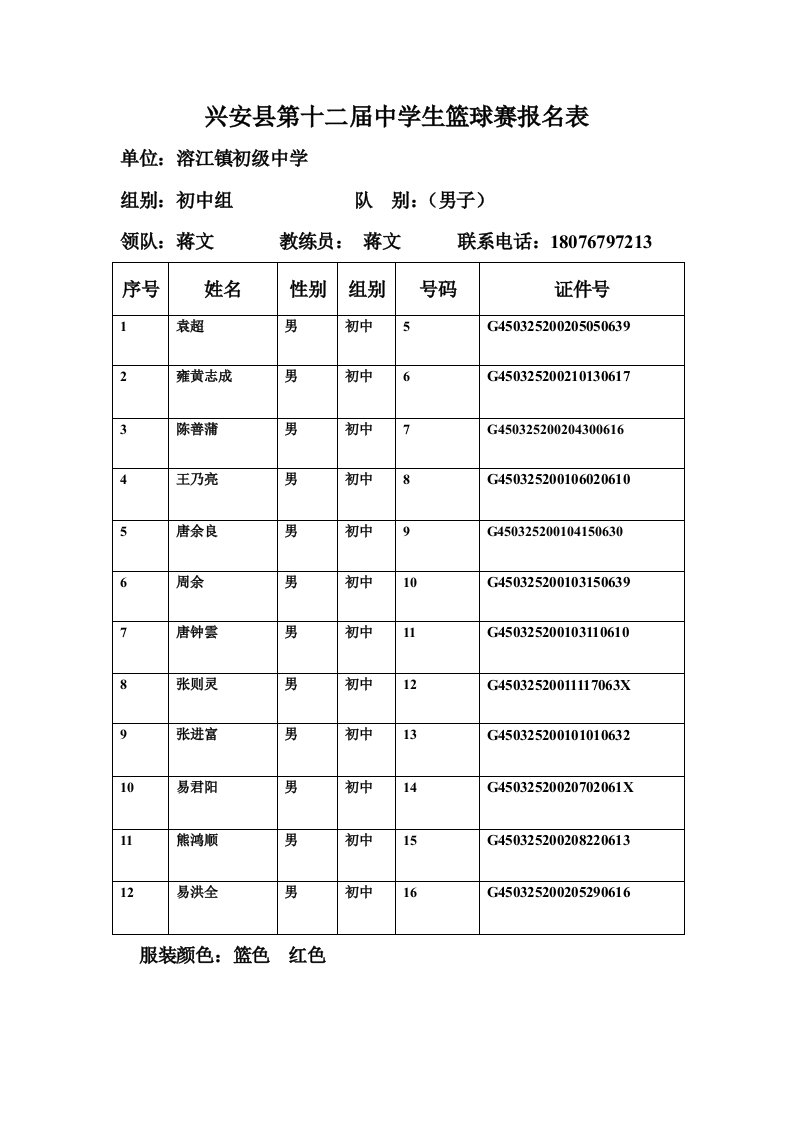 溶江镇中学生篮球比赛报名表