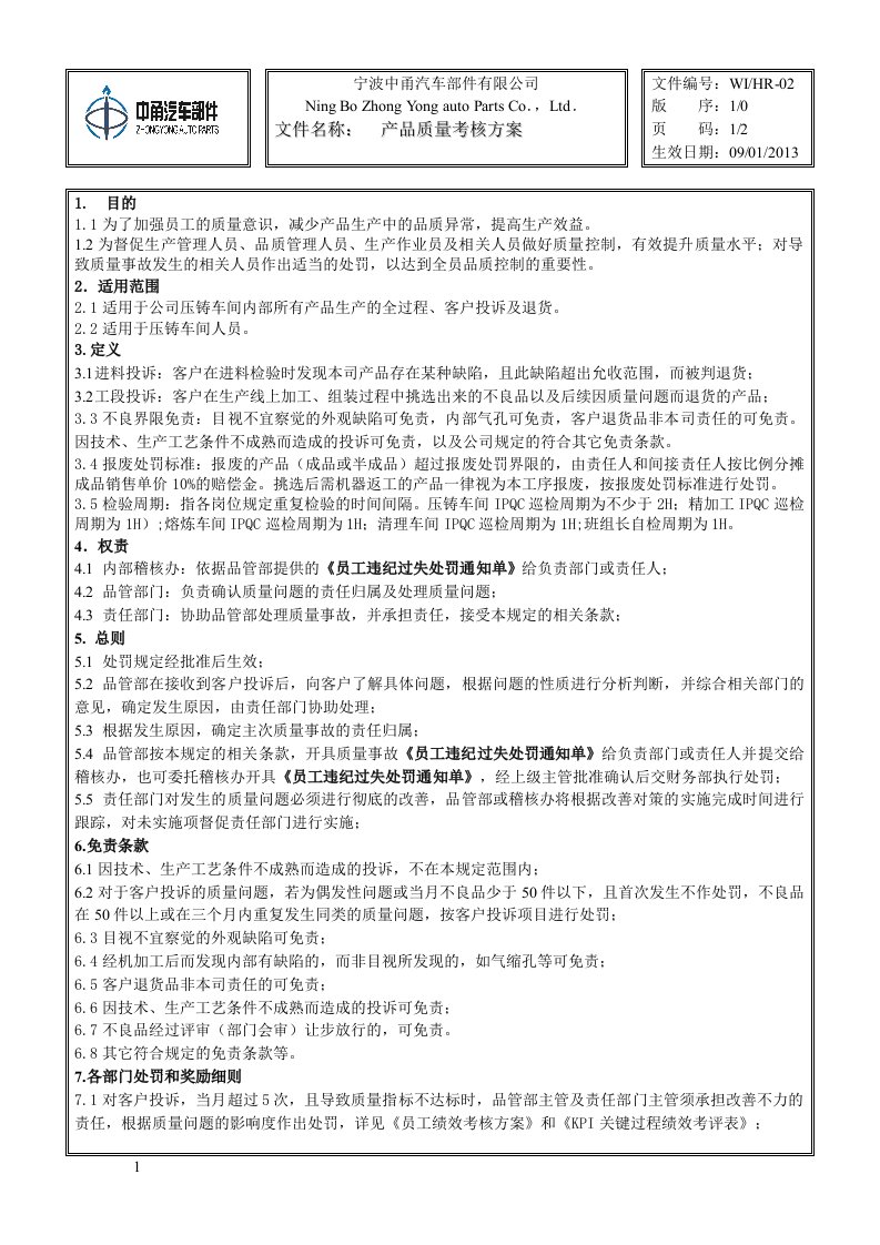 汽车部件有限公司产品质量考核方案