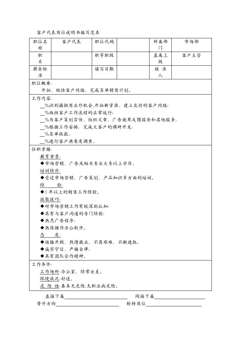 推荐-客户代表岗位说明书编写范本