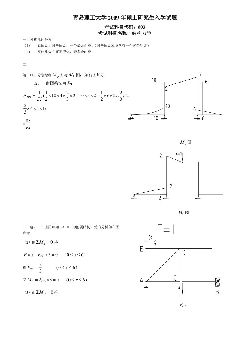 青岛理工大学研究生入学考试803结构力学真题答案