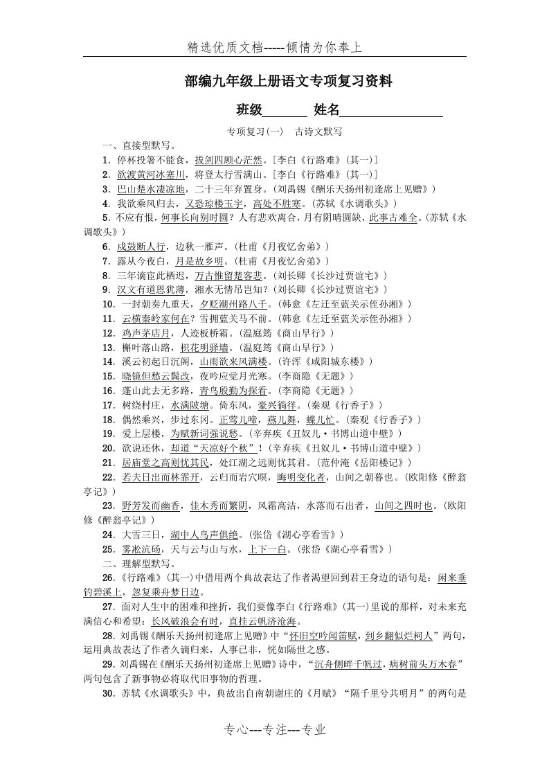 部编九年级上册语文专项复习资料(共36页)