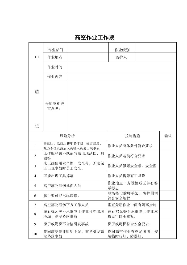 高空作业工作票