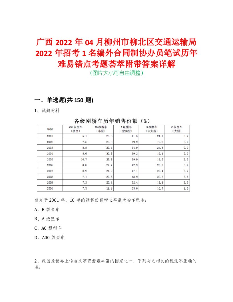 广西2022年04月柳州市柳北区交通运输局2022年招考1名编外合同制协办员笔试历年难易错点考题荟萃附带答案详解