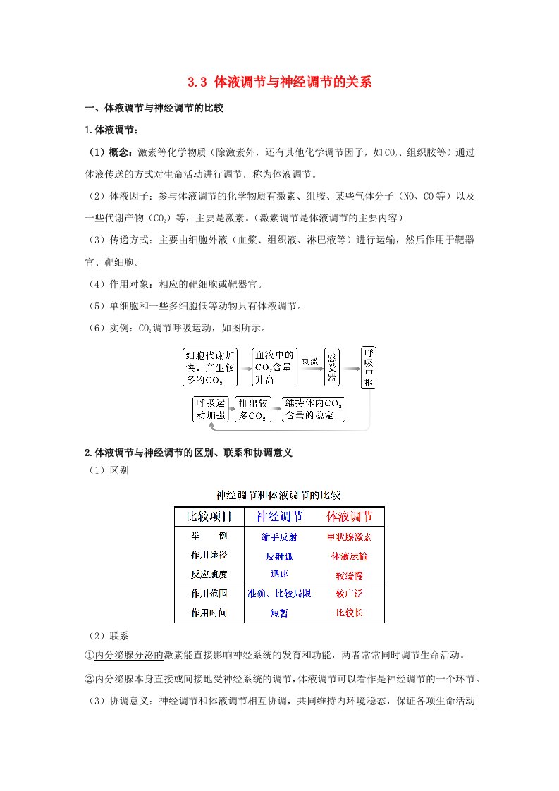 高中生物3.3体液调节与神经调节的关系知识梳理新人教版选择性必修1