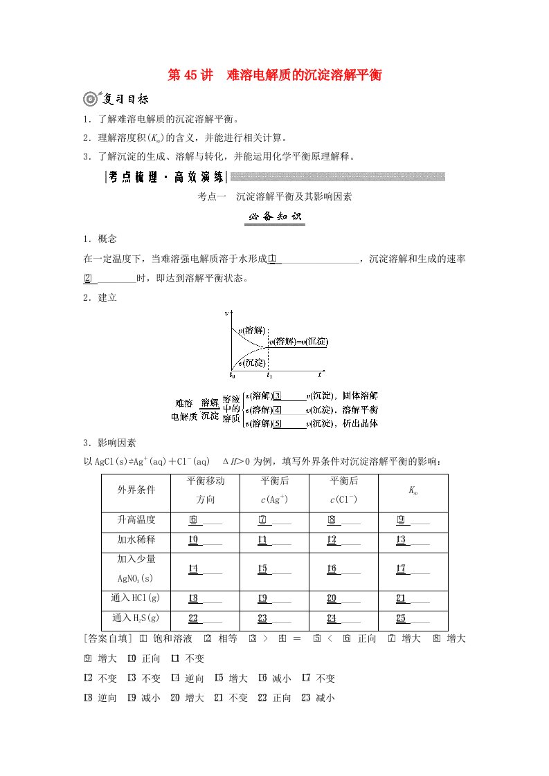 2025届高考化学一轮总复习学生用书第9章水溶液中的离子反应与平衡第45讲难溶电解质的沉淀溶解平衡考点一沉淀溶解平衡及其影响因素