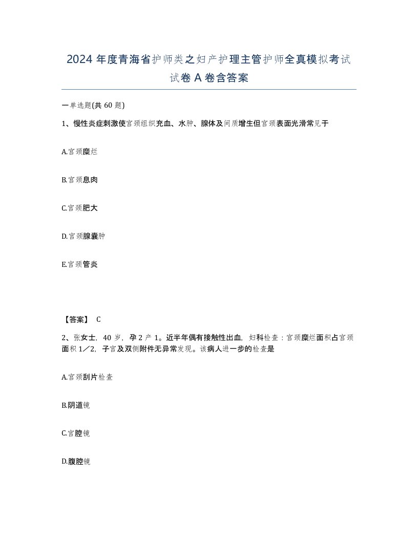 2024年度青海省护师类之妇产护理主管护师全真模拟考试试卷A卷含答案