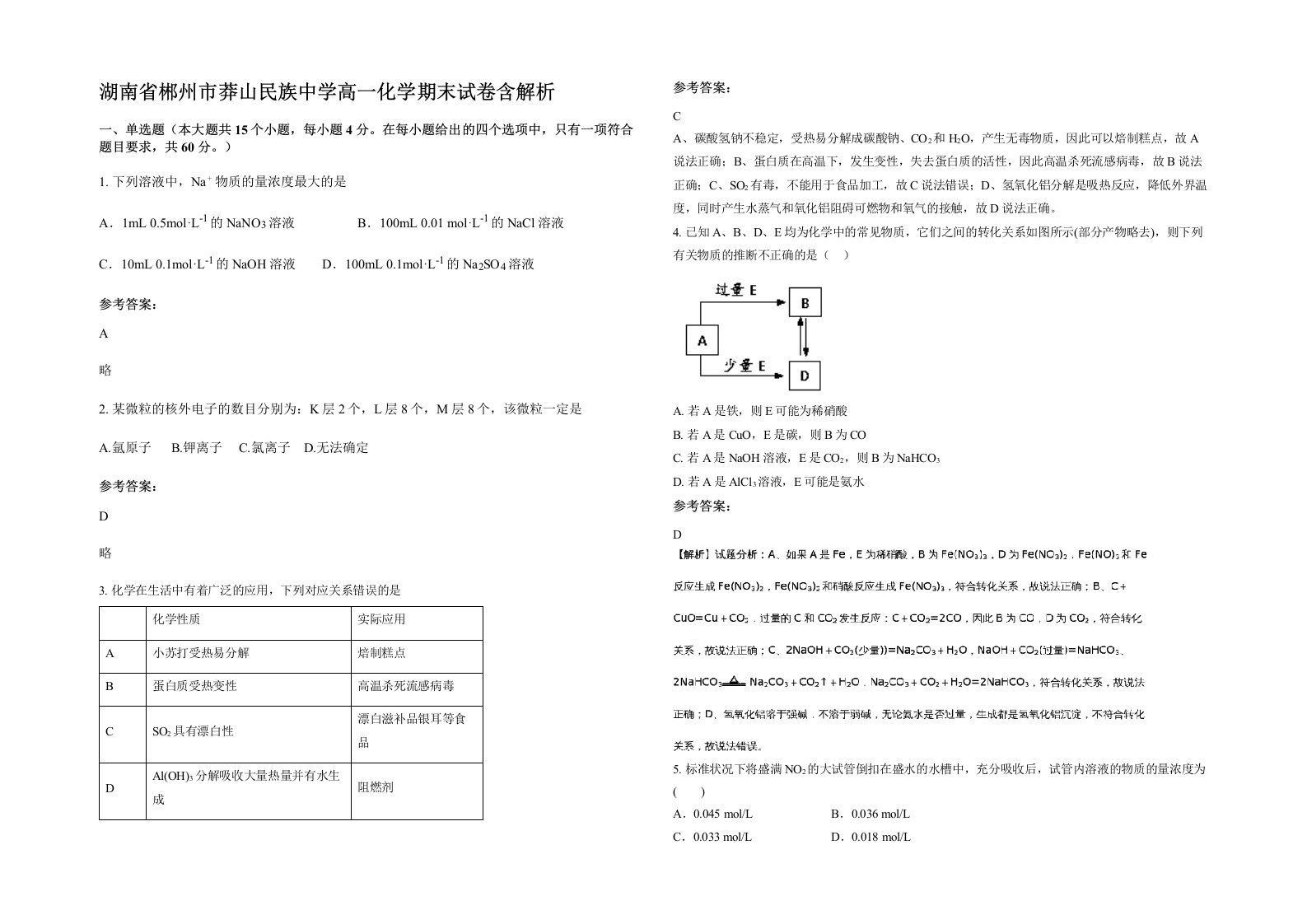 湖南省郴州市莽山民族中学高一化学期末试卷含解析