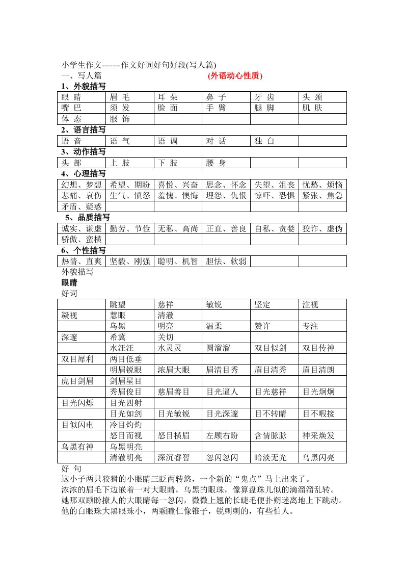 小学生作文好词好句好段(写人篇)