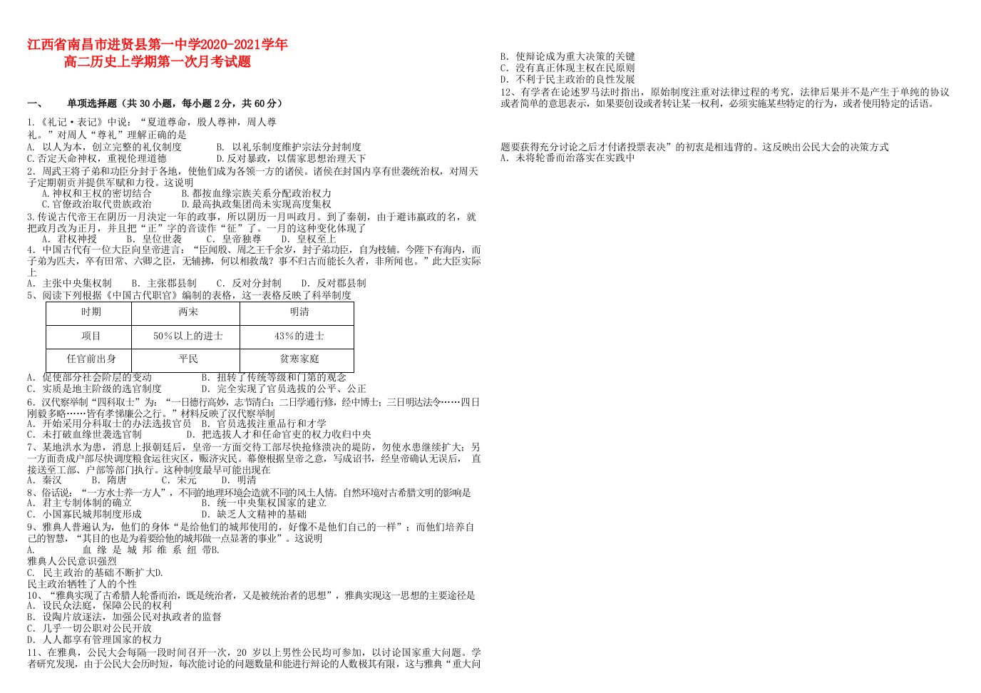 江西省南昌市进贤县第一中学2020_2021学年高二历史上学期第一次月考试题