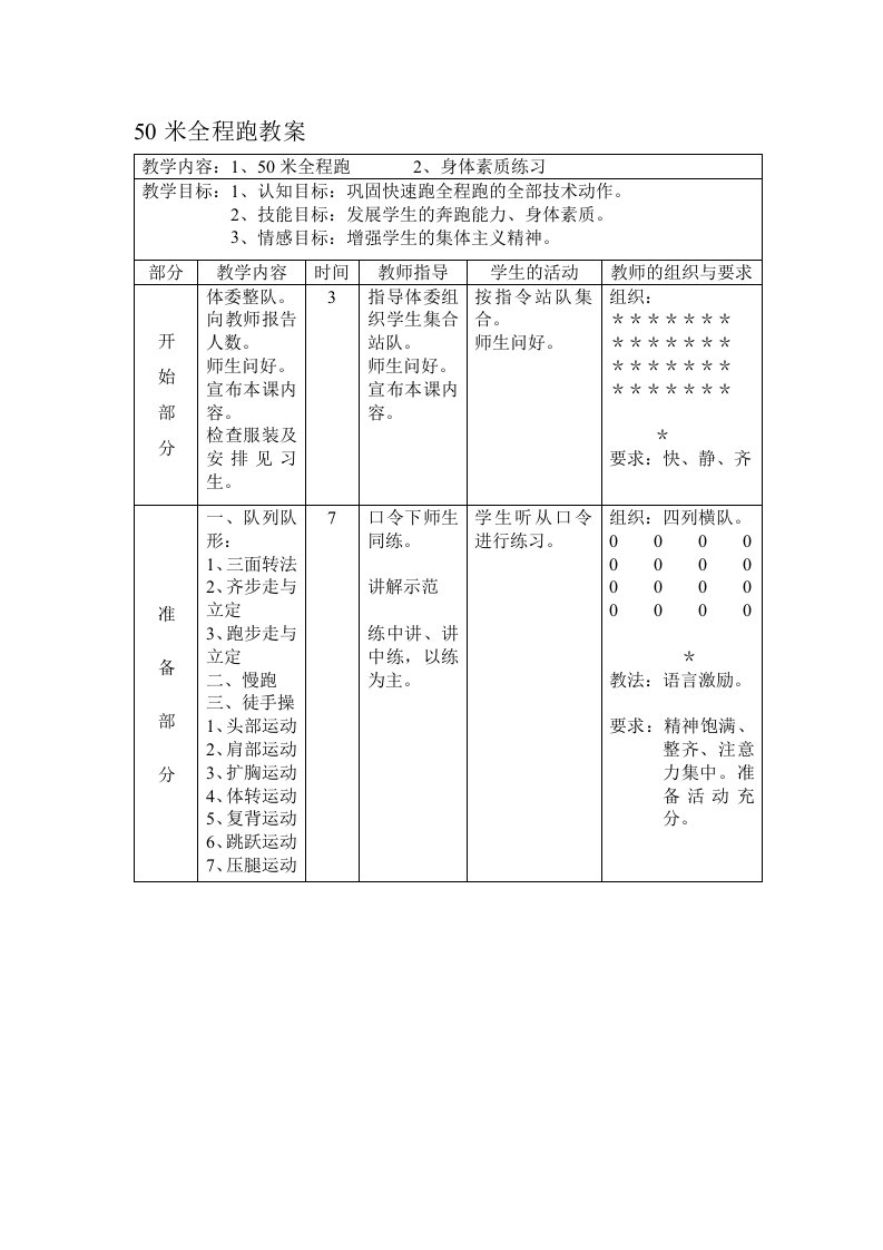 50米全程跑教案