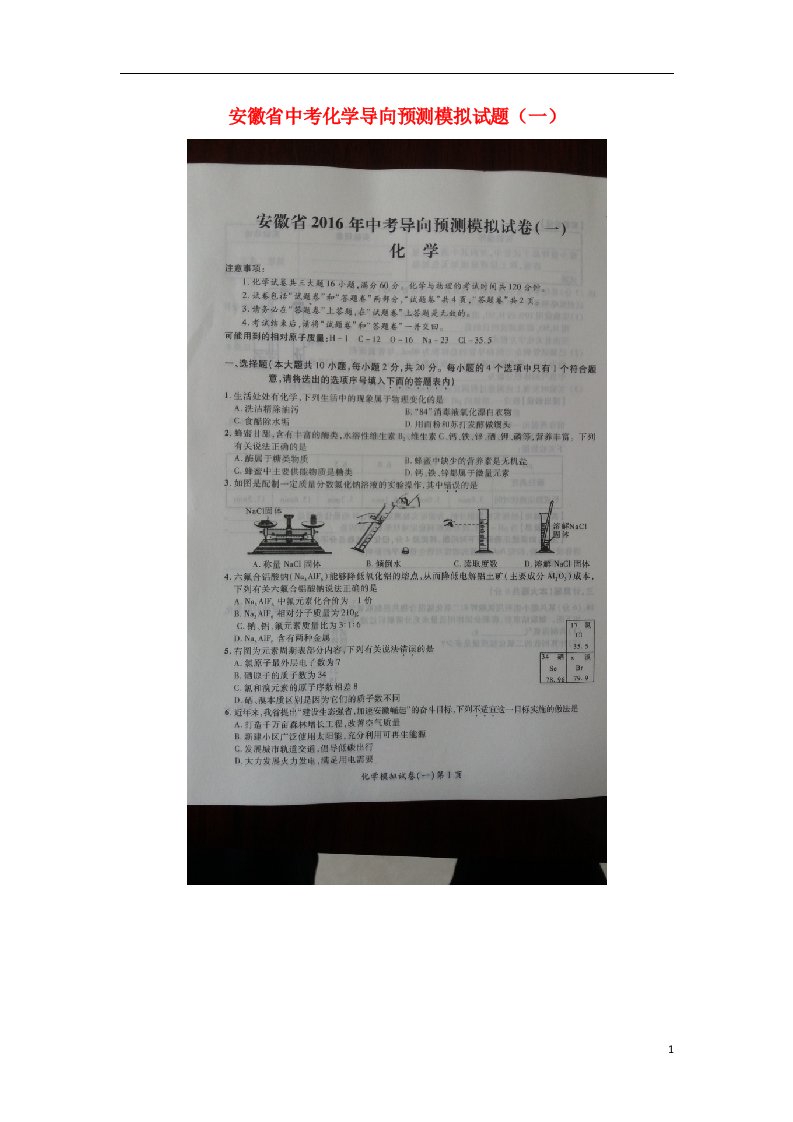 安徽省中考化学导向预测模拟试题（一）（扫描版）