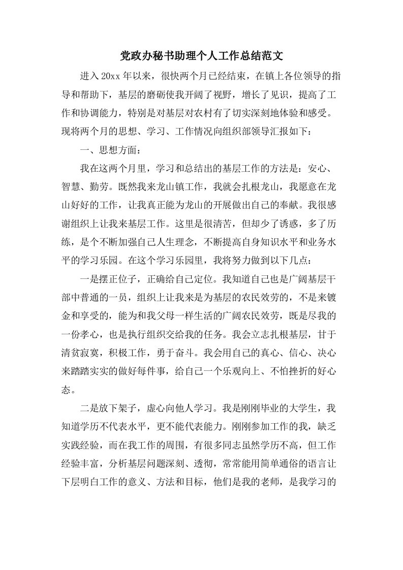 党政办秘书助理个人工作总结范文