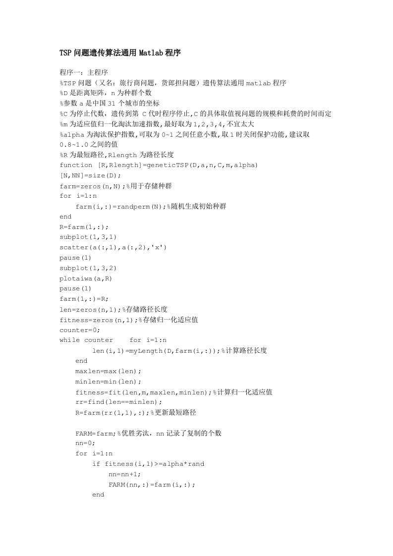 遗传算法解决TSP问题的Matlab程序