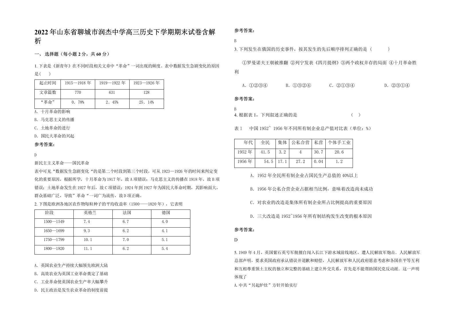 2022年山东省聊城市润杰中学高三历史下学期期末试卷含解析