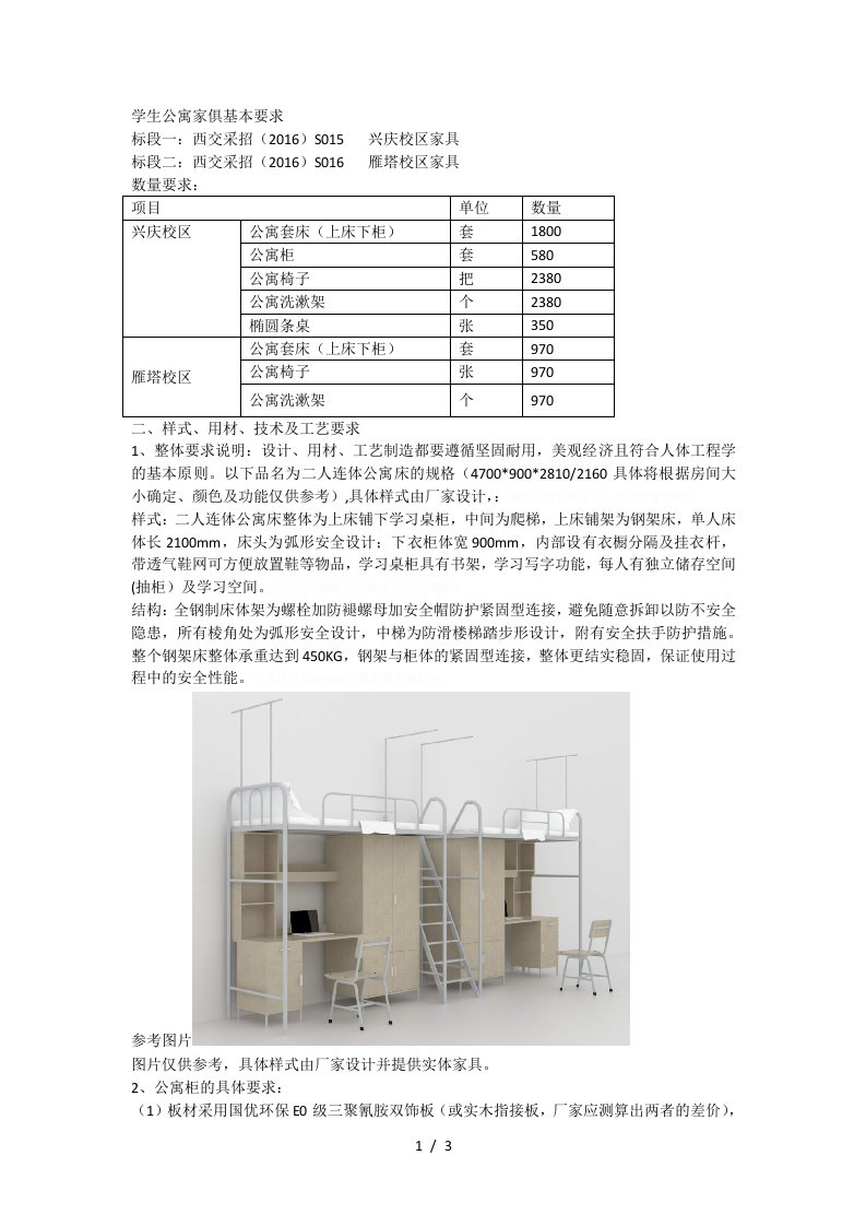 学生公寓家俱基本要求