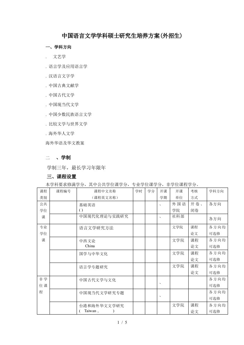 中国语言文学学科硕士研究生培养方案