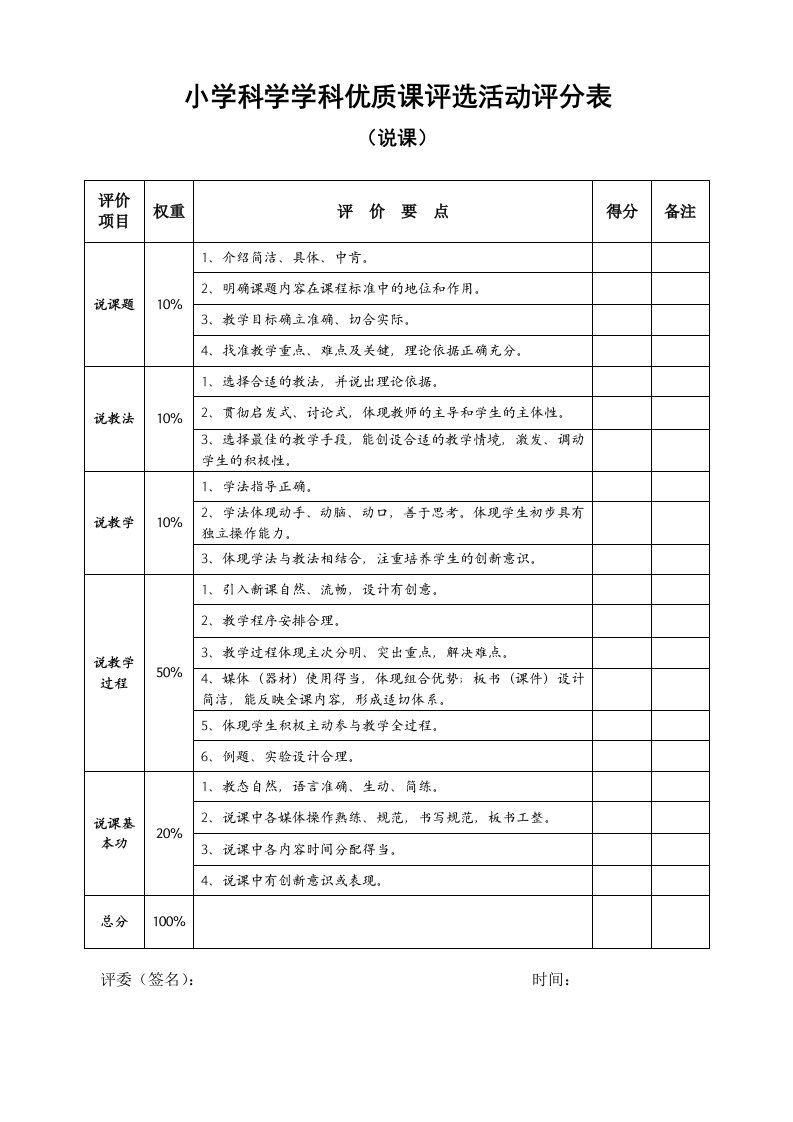 小学科学学科优质课评选活动评分表