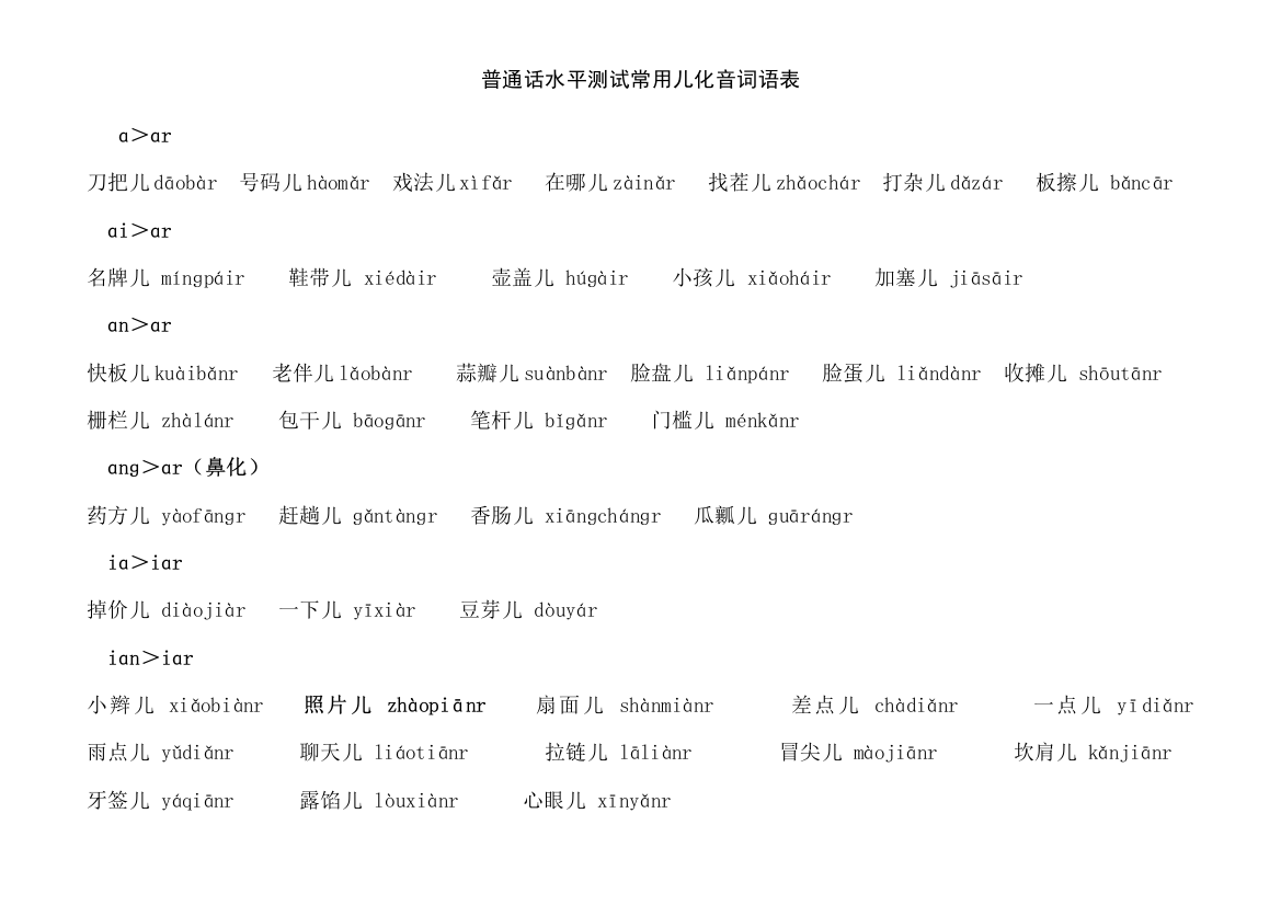 (完整版)普通话水平测试常用儿化音词语表