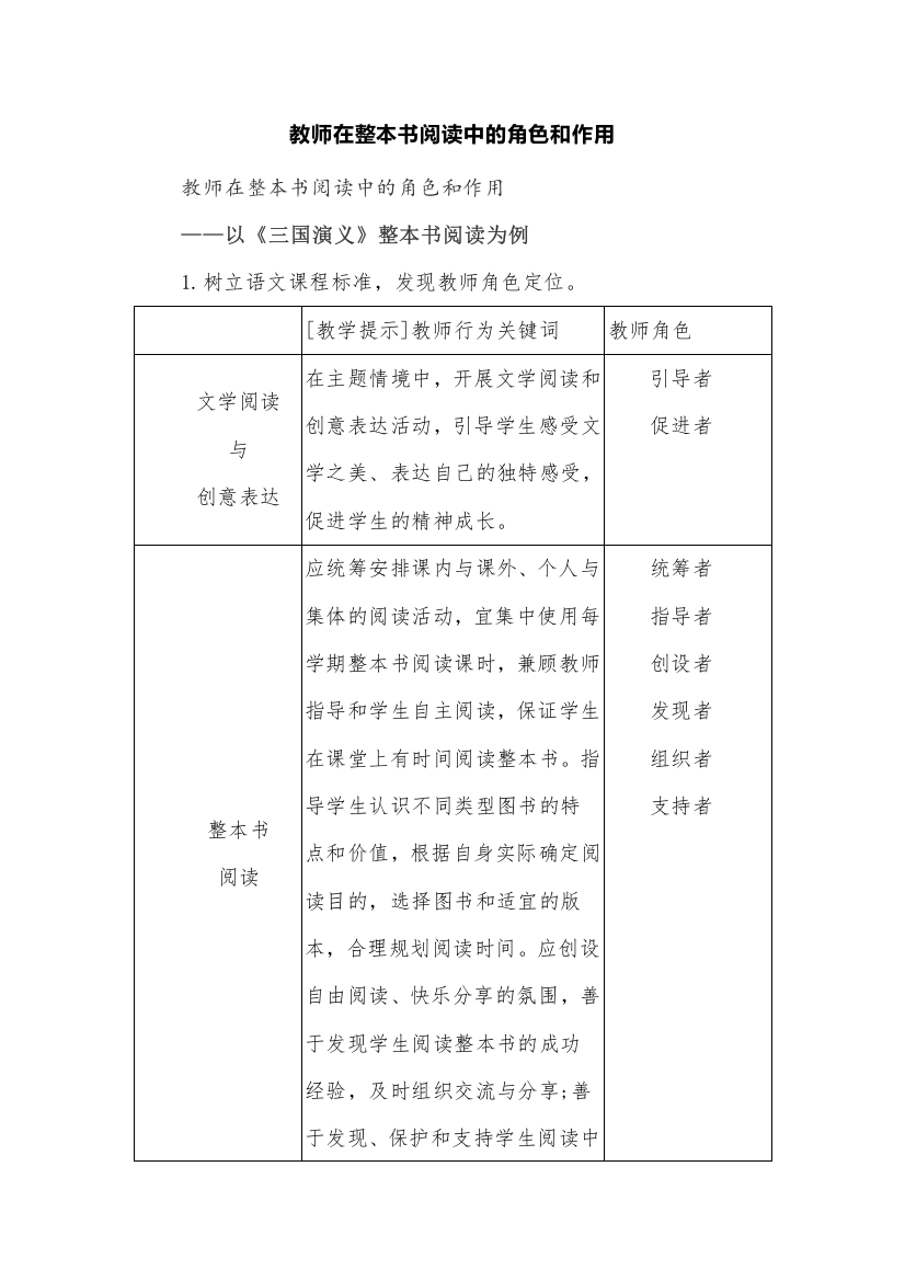 教师在整本书阅读中的角色和作用