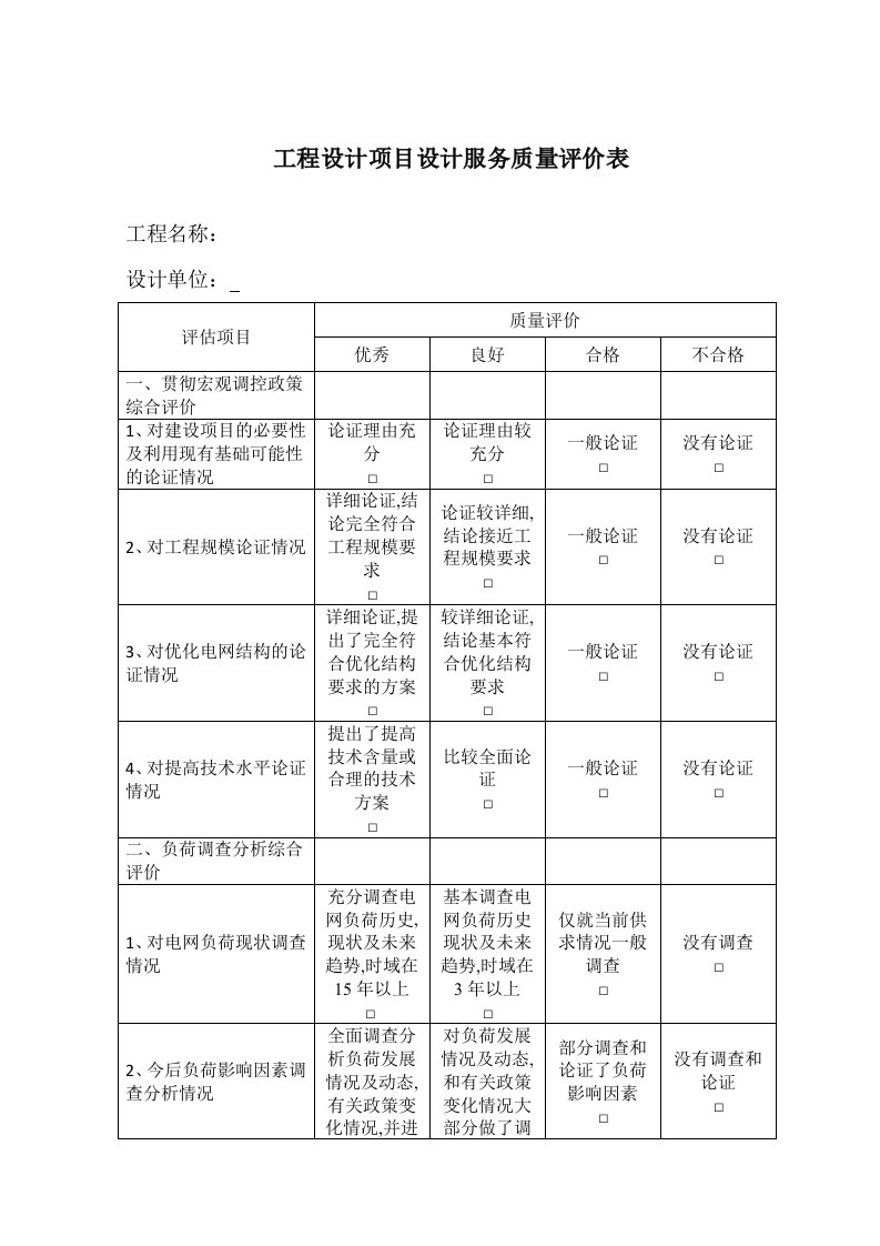 工程设计项目设计服务质量评价表