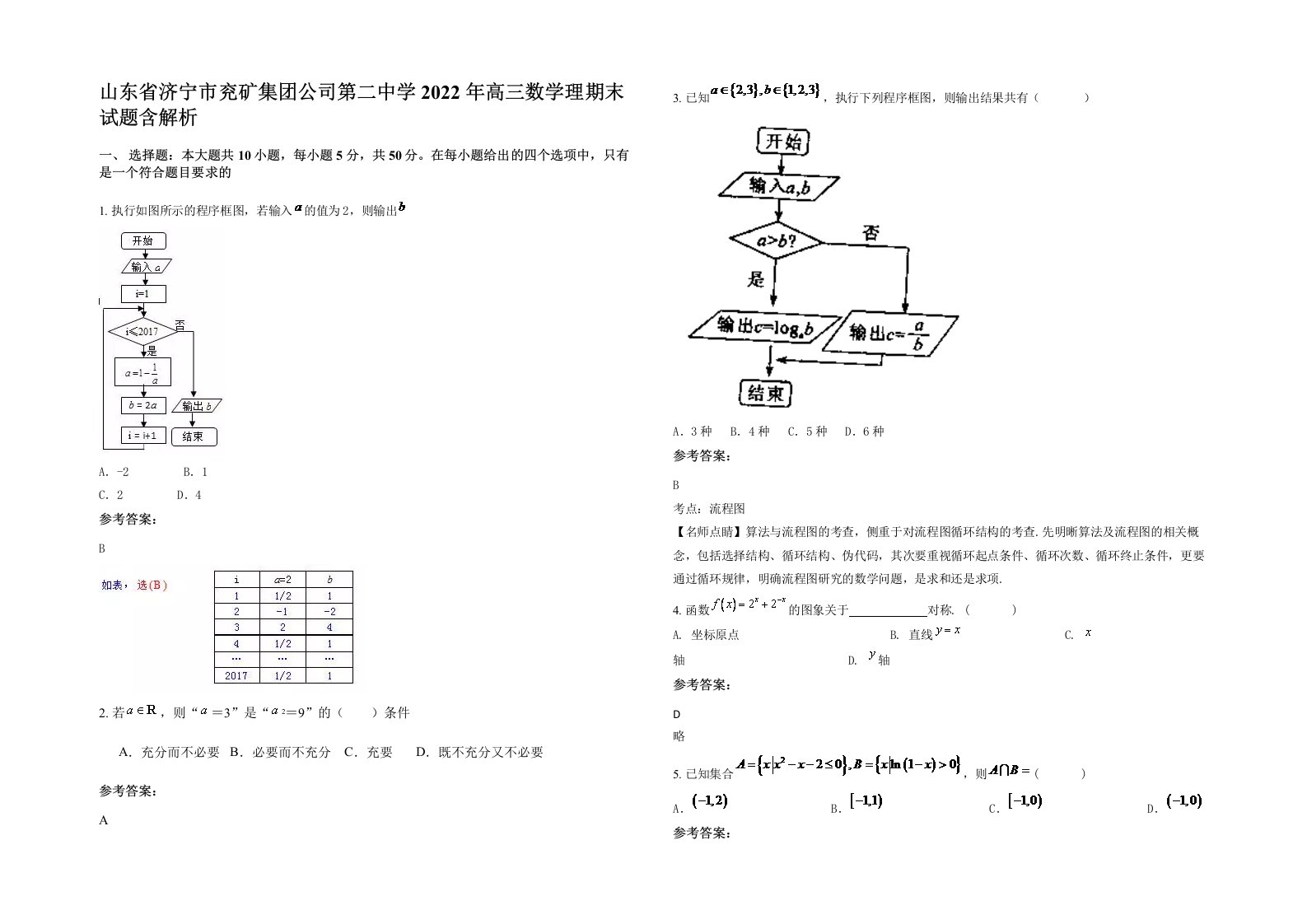 山东省济宁市兖矿集团公司第二中学2022年高三数学理期末试题含解析