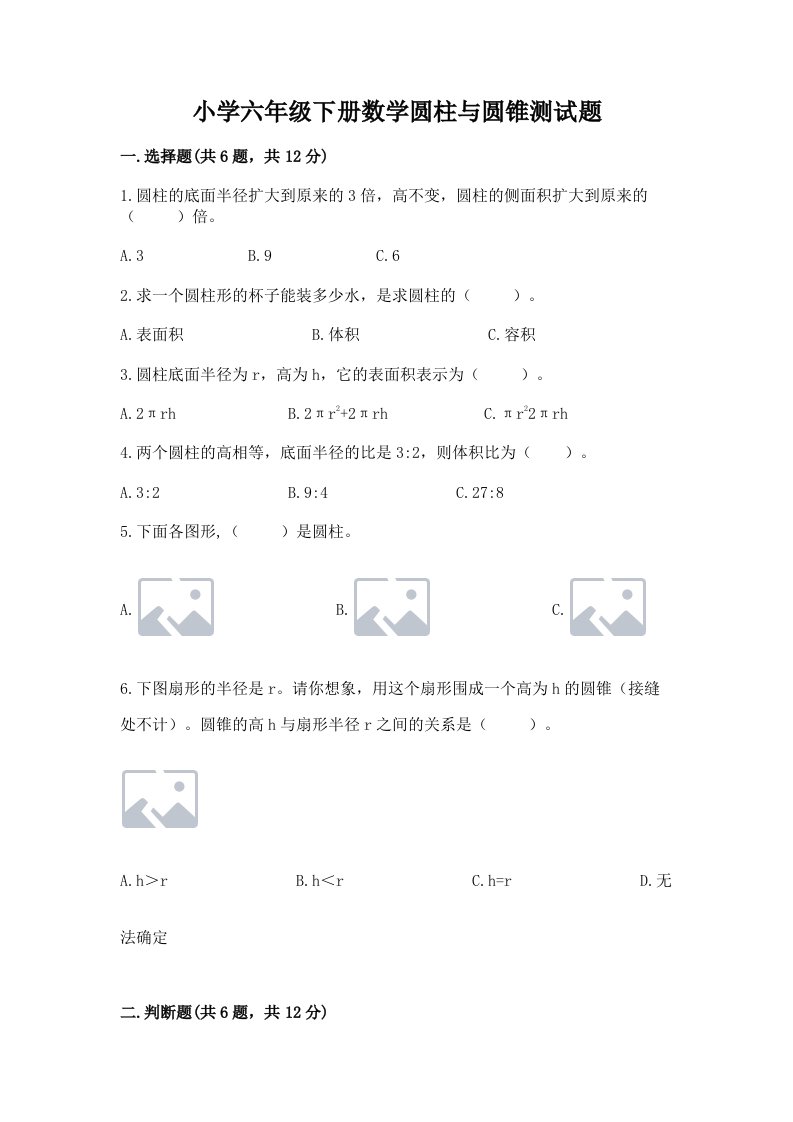 小学六年级下册数学圆柱与圆锥测试题附答案（突破训练）