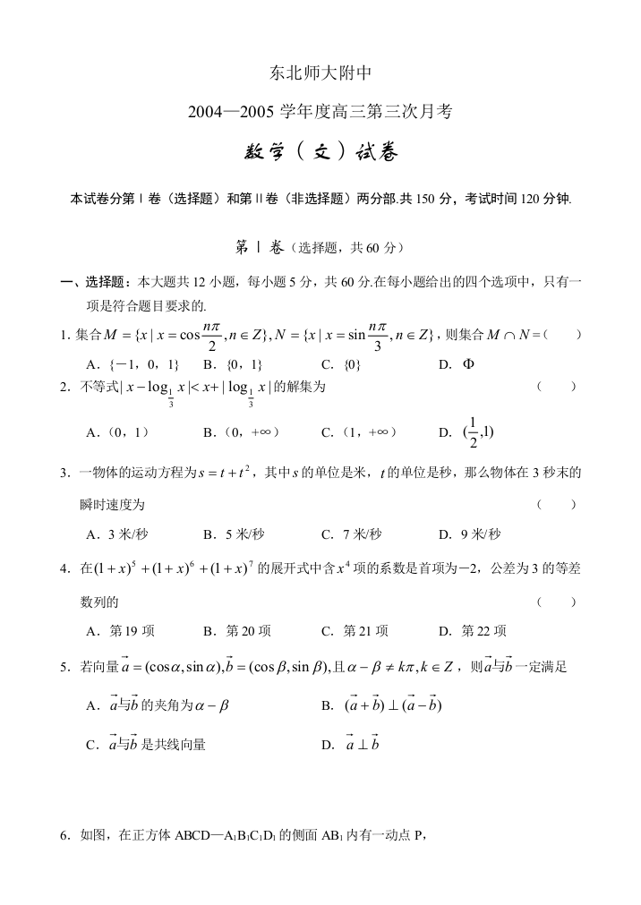 2005年东北师大附中数学（文）