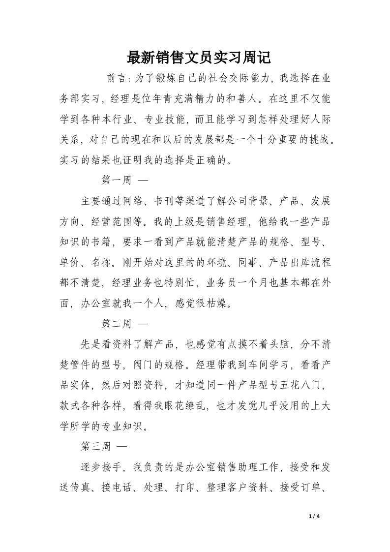 最新销售文员实习周记