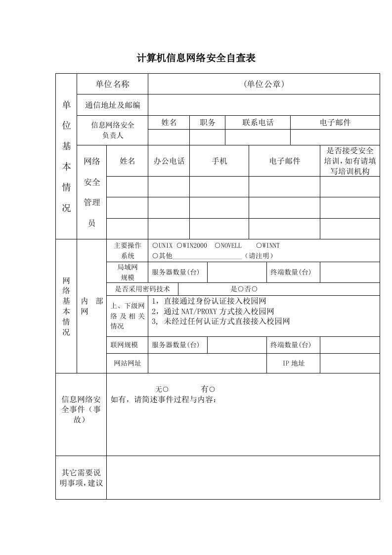 计算机信息网络安全自查表