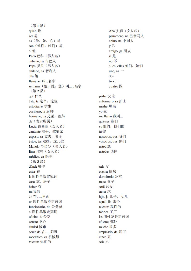 现代西班牙语第一册单词(按照课文顺序分栏排序)