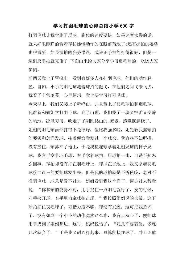 学习打羽毛球的心得总结小学600字