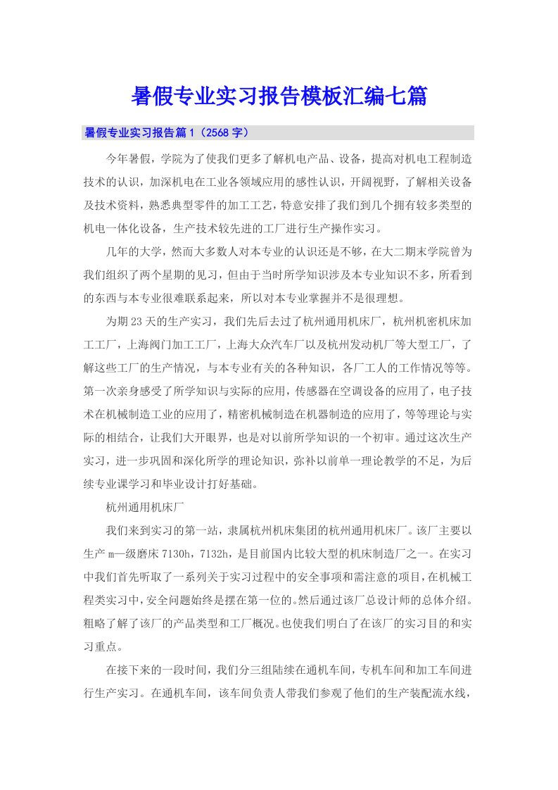 暑假专业实习报告模板汇编七篇