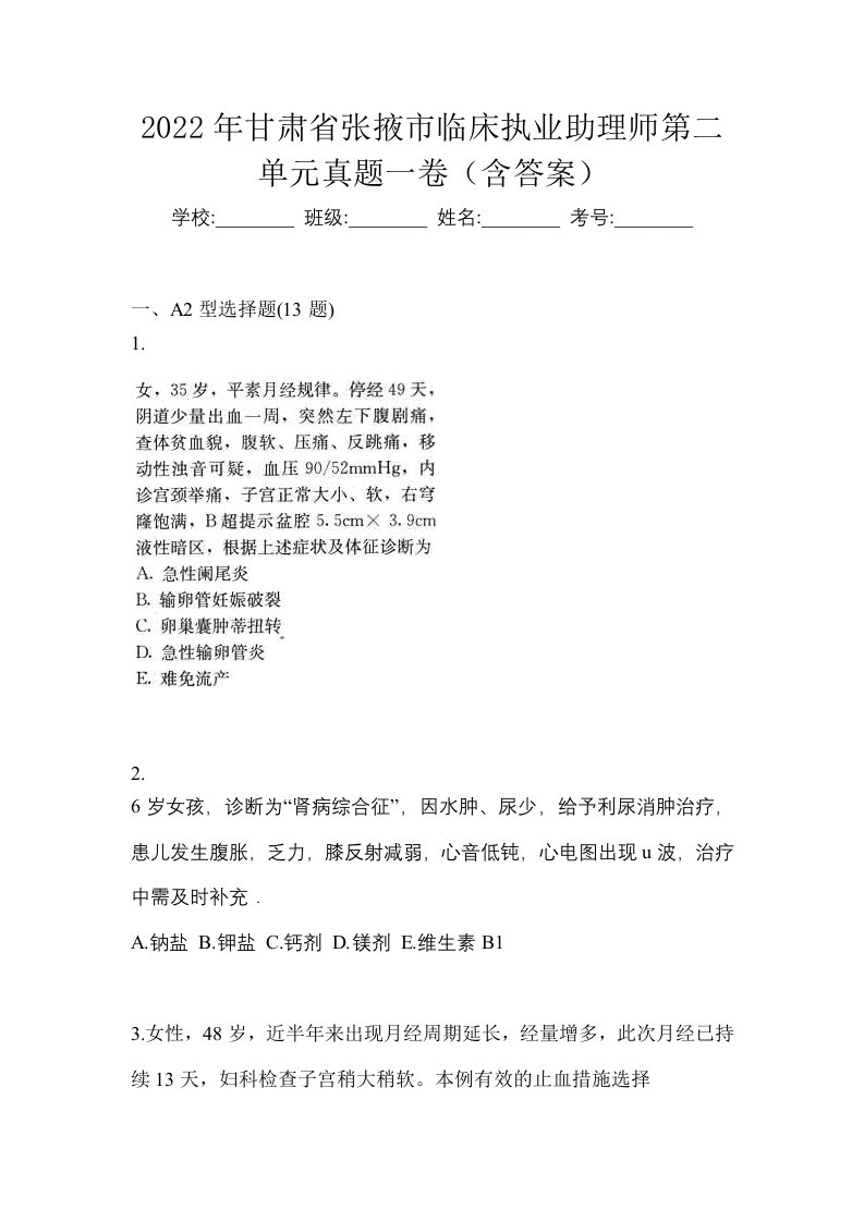 2022年甘肃省张掖市临床执业助理师第二单元真题一卷含答案