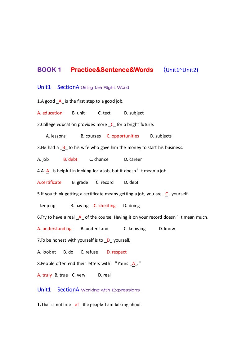 新视野英语读写教程英语book1·unit1-2practice