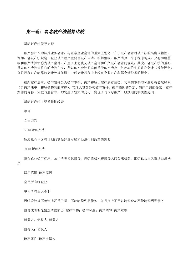 新老破产法差异比较[修改版]