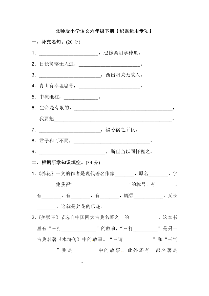 北师版小学语文六年级下册【积累运用专项】