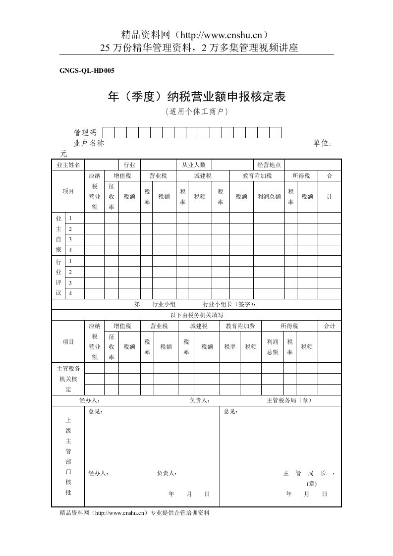 企业税务表格-年（季度）纳税营业额申报核定表