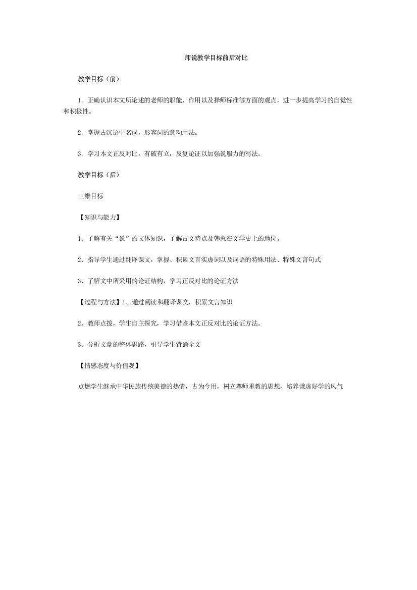 （中小学资料）师说教学目标前后对比