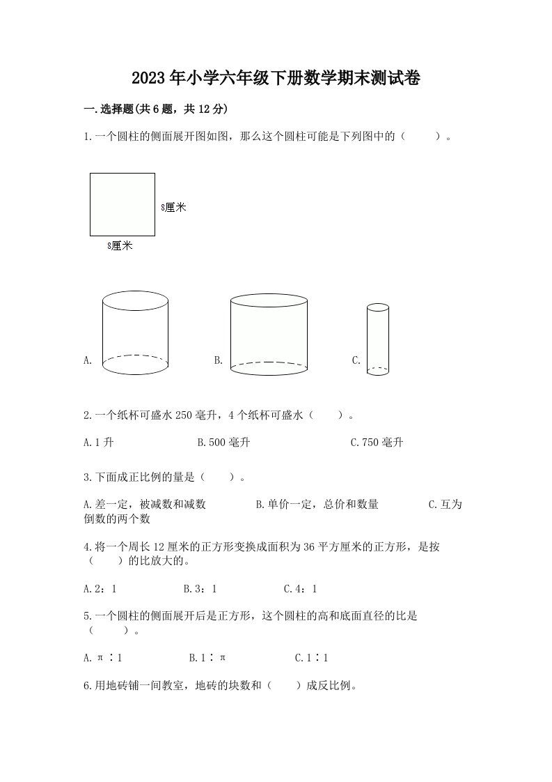 2023年小学六年级下册数学期末测试卷及参考答案【预热题】