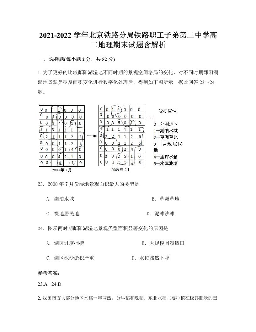 2021-2022学年北京铁路分局铁路职工子弟第二中学高二地理期末试题含解析