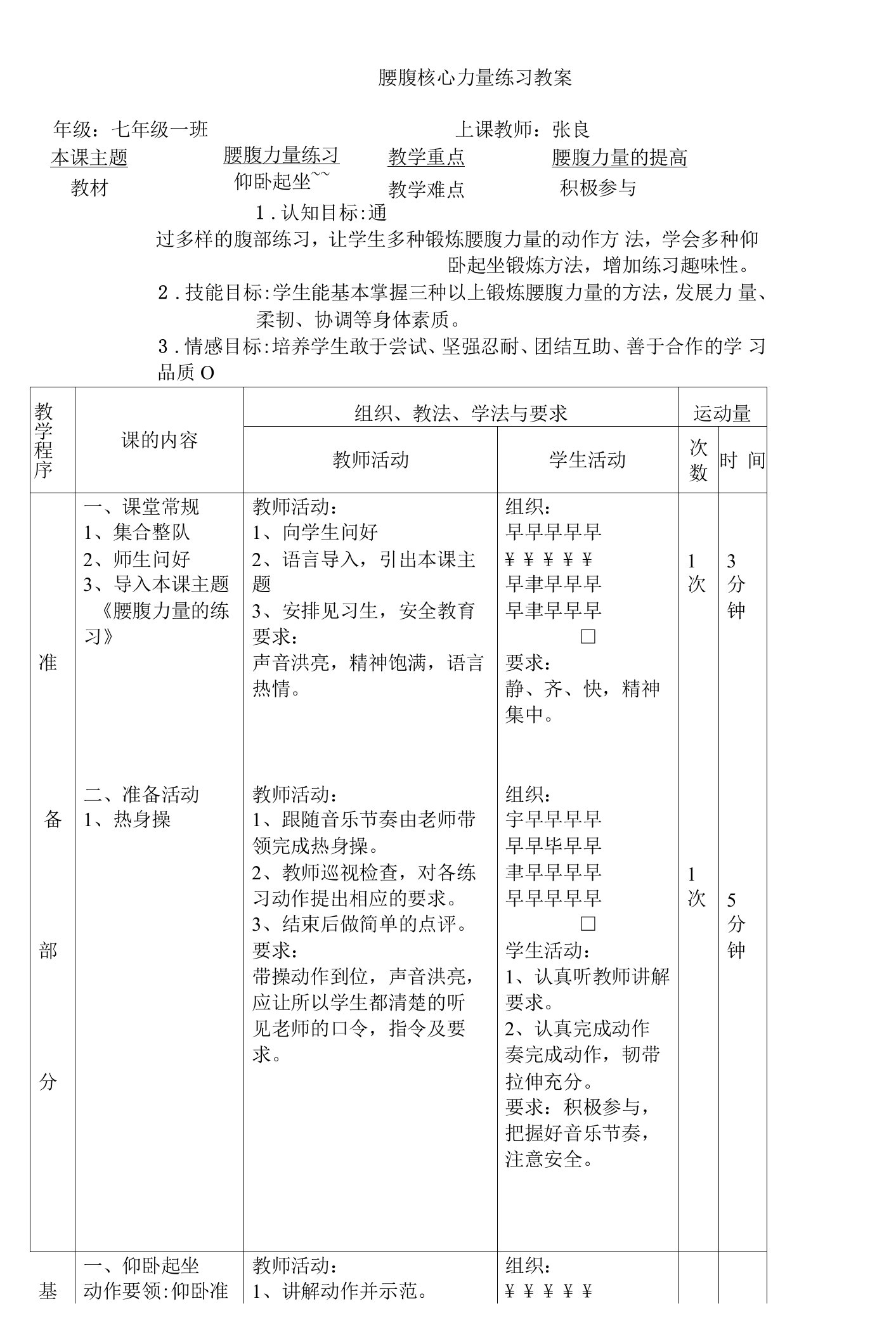 初中体育人教七年级体育张良腰腹力量练习教案