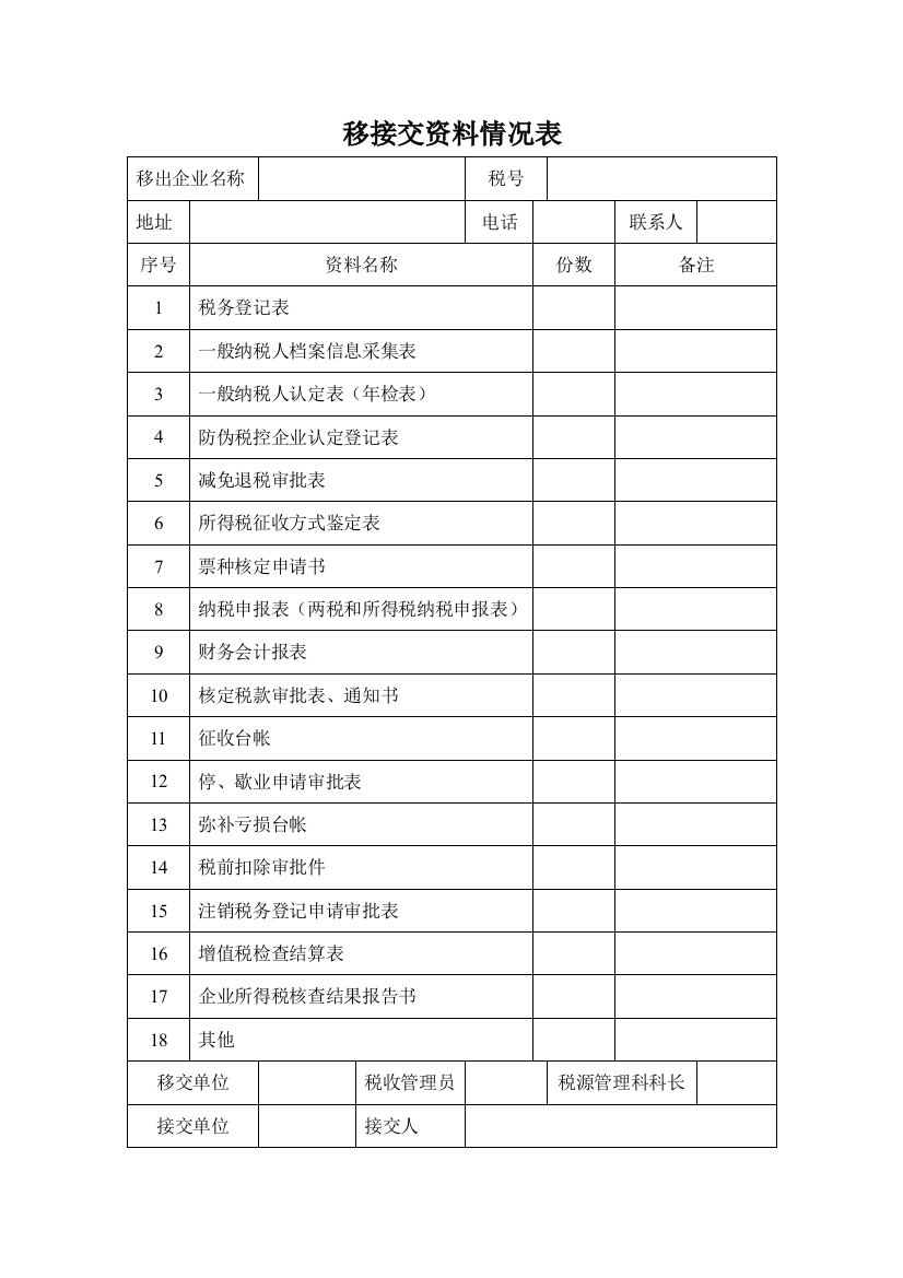 移接交资料情况表