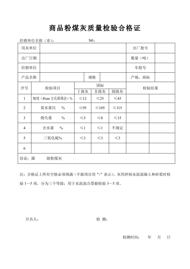 商品粉煤灰质量检验合格证