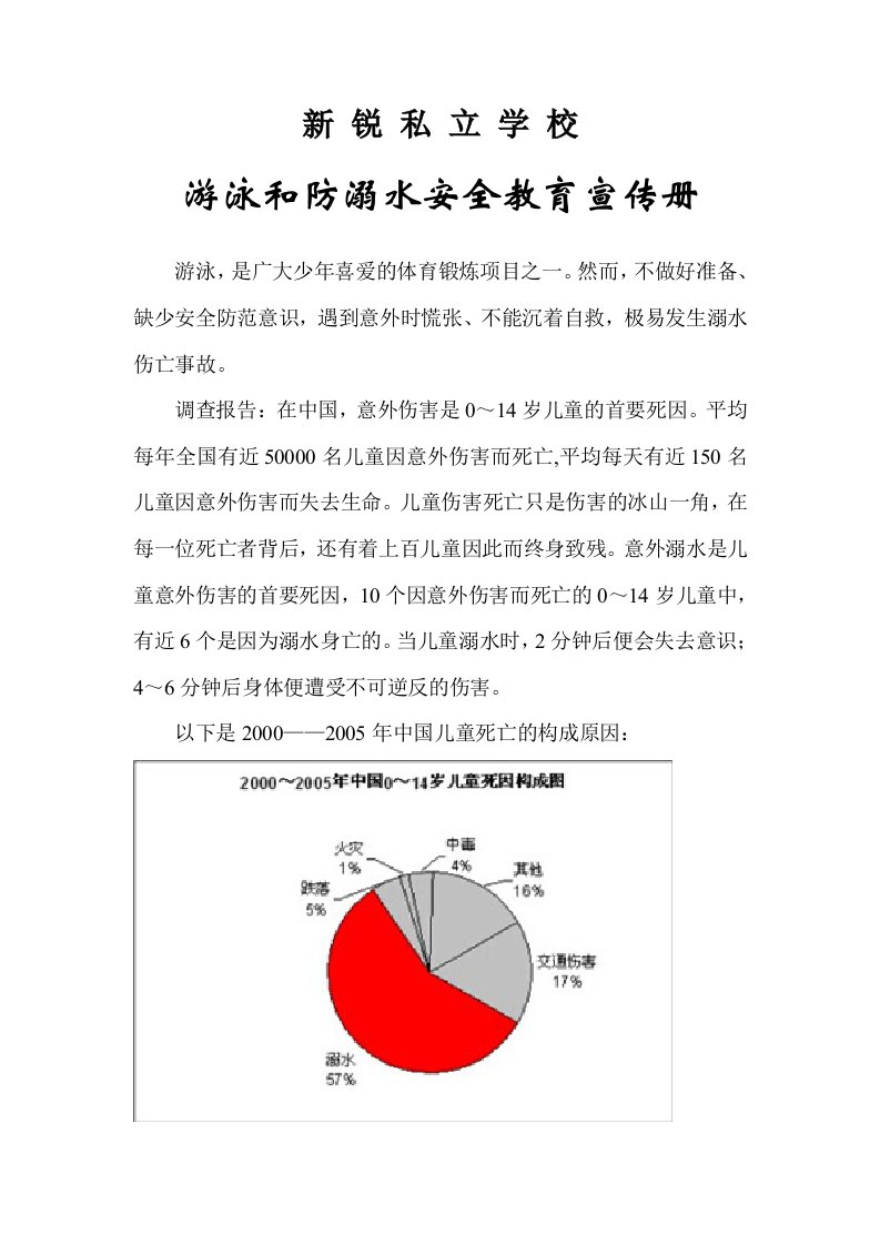 私立学校游泳和防溺水安全教育宣传册