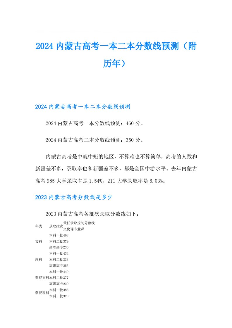 2024内蒙古高考一本二本分数线预测（附历年）