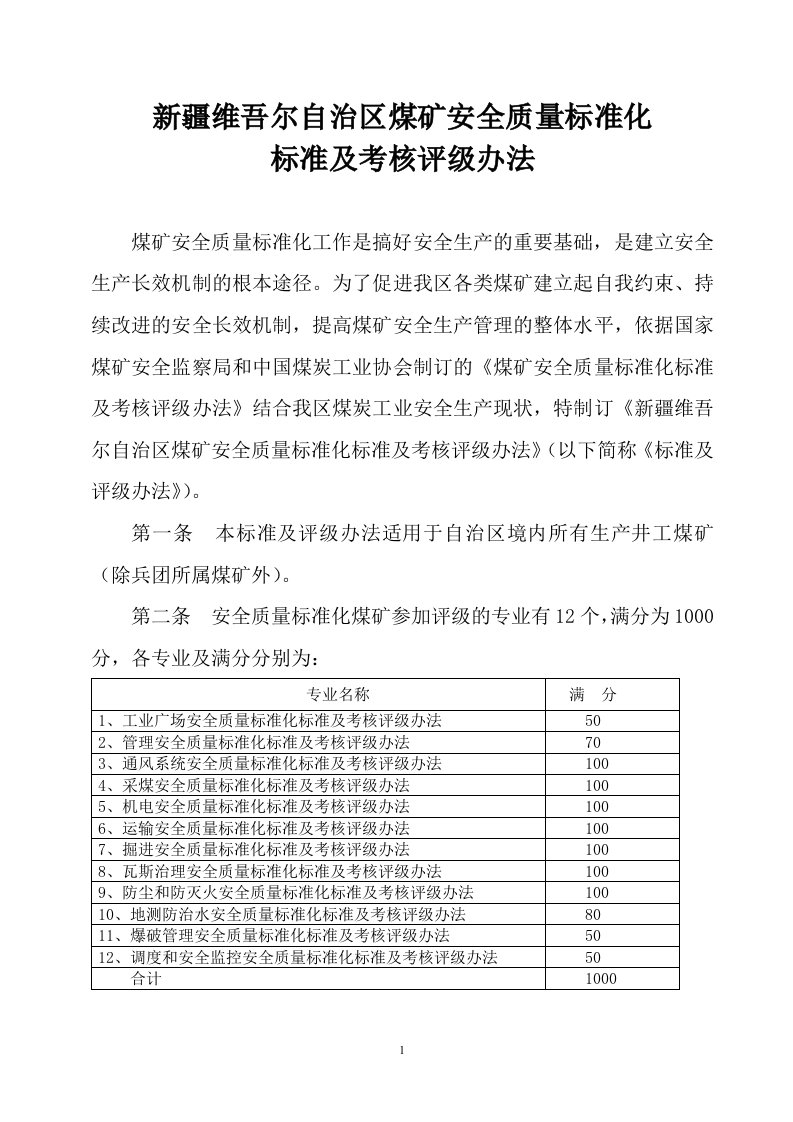 自治区煤矿安全质量标准化标准及考核办法